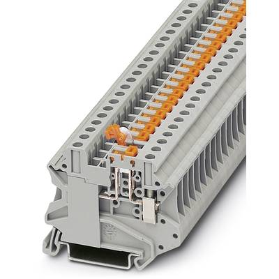 Šedá řadová svorkovnice s oranžovými komponenty pro elektrické připojení. Vhodná pro průmyslové řídicí a distribuční systémy.
