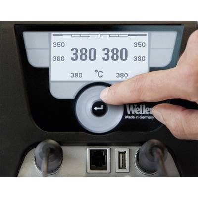 Prst ovládá nastavení teploty elektronické pájecí stanice. Na displeji je zobrazeno '380 °C'.