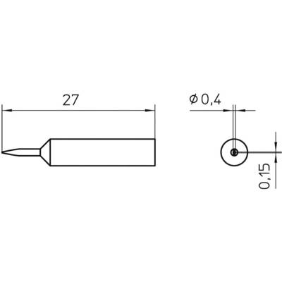Technický výkres válce se špičkou. Délka činí 27 mm. Průměr je 0,4 mm. Dodatečný pohled zobrazuje detail s průměrem 0,15 mm.
