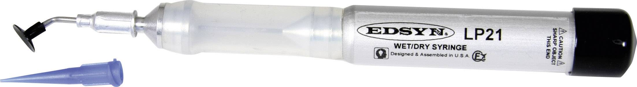 Aplikátor tavidla s nápisem 'EDSYN LP21 VICTORY SYRINGE' vedle modrého plastového víčka.