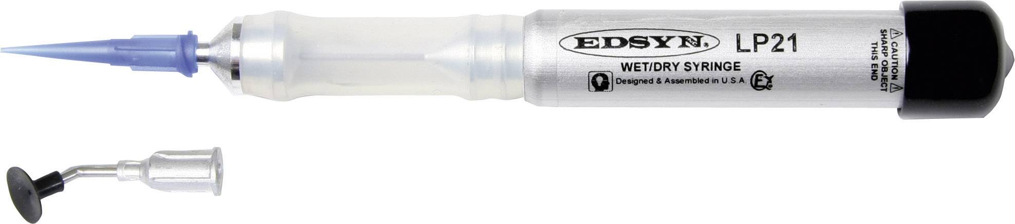 Stříbrošedý pájecí hrot s nápisem 'Edsyn LP21'. Vlevo vedle něj malá, kulatá špička. Vhodný pro jemné pájecí práce.