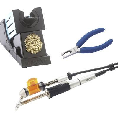 Pájecí pero s držákem a čisticím drátem, vedle modré kleště. Sada pro elektronické opravy.