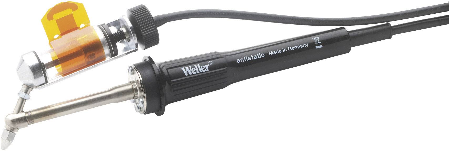 Pájecí pero s černou rukojetí, označené nápisem 'Weller' a 'Made in Germany', zobrazuje zahnutý pájecí hrot.