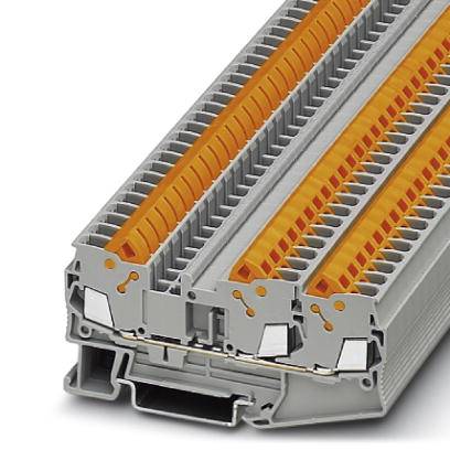 Šedý elektrický svorkovnicový modul s oranžovými prvky určený pro propojení kabelů v rozvaděči.