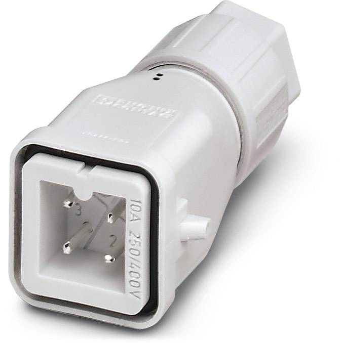 Bílá elektrická zástrčka pro 10A, 250/400V, se třemi kolíky a robustním, obdélníkovým tvarem.
