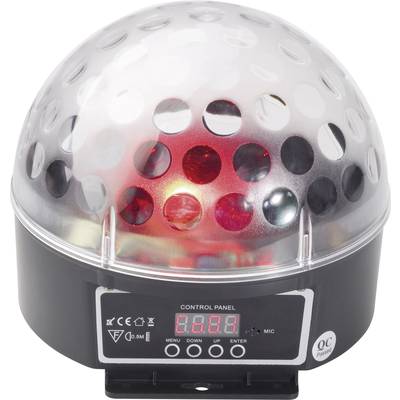 Kulatá LED disco lampa s průhledným, kopulovitým povrchem a digitálním ovládacím panelem na přední straně.