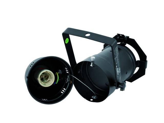 Černý jevištní reflektor s otevřeným pouzdrem, který odhaluje vnitřní objímku žárovky a elektrické vedení.