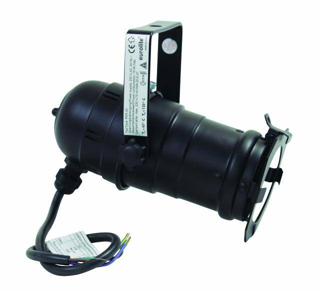 Černý jevištní reflektor s montovatelným držákem a zapojenou zástrčkou, vhodný pro profesionální osvětlovací systémy.