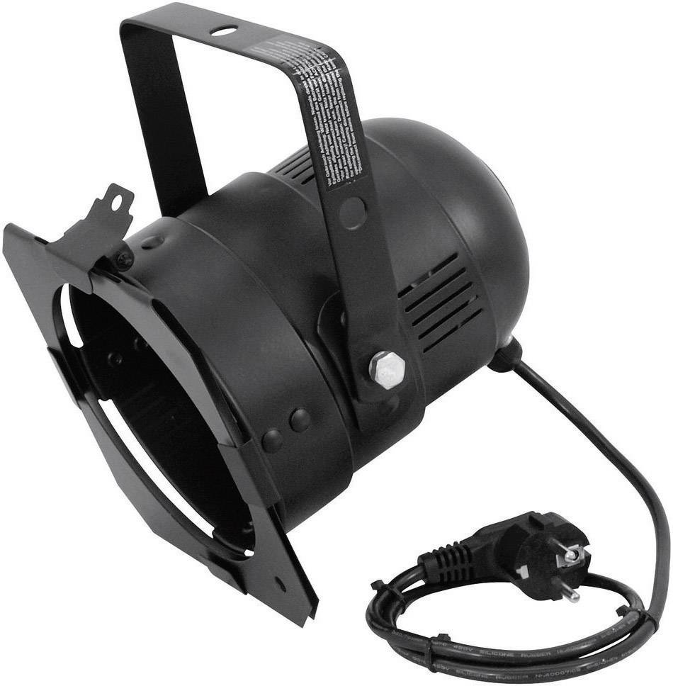 Černý jevištní reflektor s kabelem a zástrčkou.