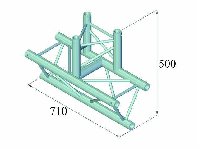 Diagram trojrozměrné kovové konstrukce. Rozměry jsou 710 mm na šířku a 500 mm na výšku.