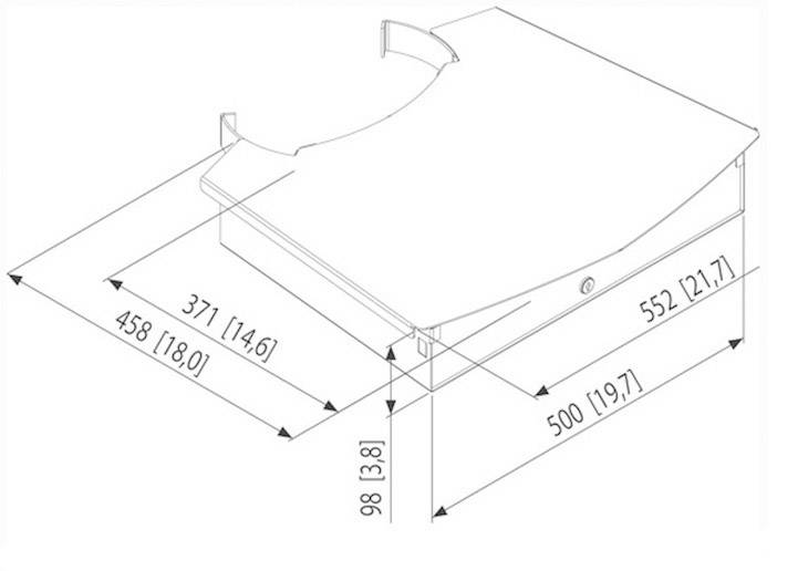Technický výkres dílu nábytku s rozměry: 552 mm x 500 mm x 98 mm. Obdélníkový tvar s jedním zaoblenným rohem.