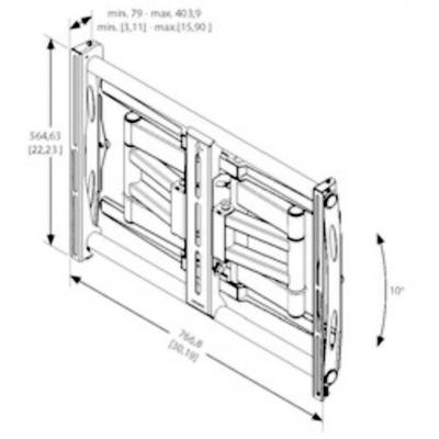 Obrázek nástěnného držáku s nastavitelnými rozměry a úhlem sklonu. Šířka 764,8 mm, výška 564,63 mm, sklon 10 stupňů.