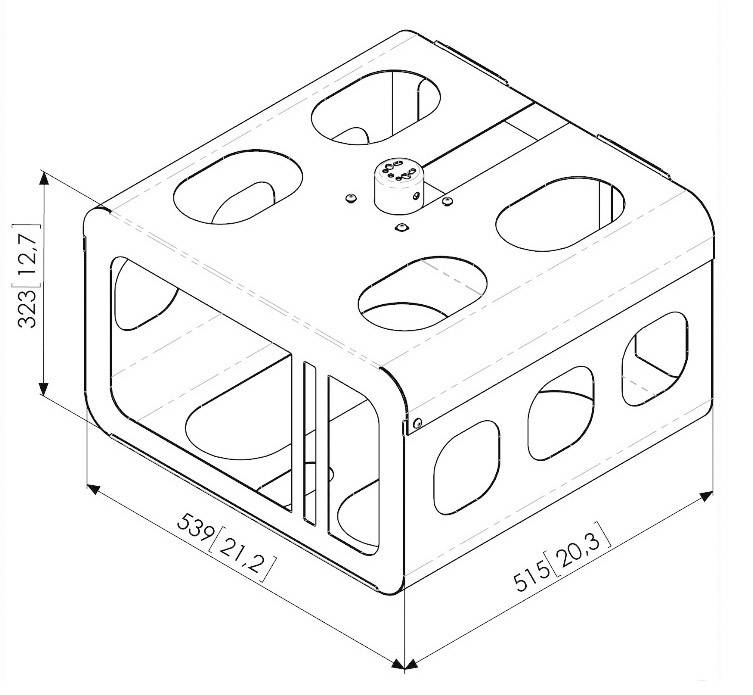 Technický výkres obdélníkového pouzdra s rozměry: šířka 539 mm, hloubka 515 mm, výška 323 mm.