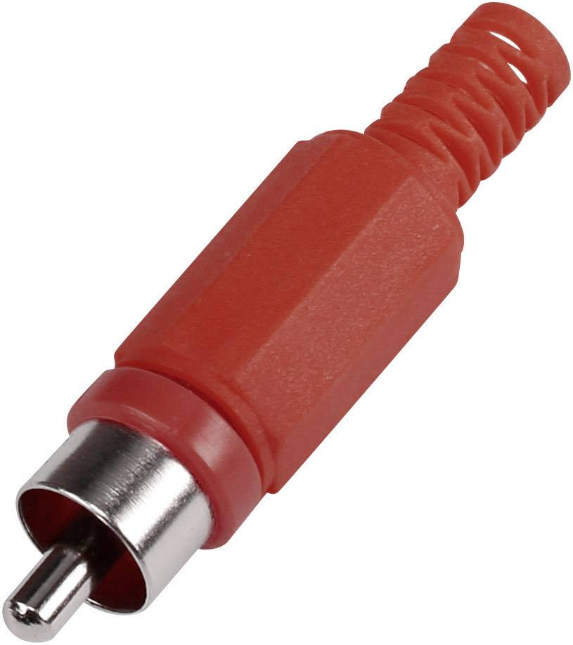 Červený RCA konektor s plastovým pouzdrem a kovovým hrotem, často používaný pro audio nebo video signály.