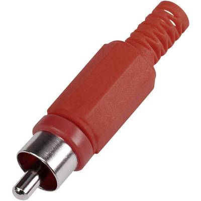 Červený RCA konektor s plastovým pouzdrem a kovovým hrotem, často používaný pro audio nebo video signály.