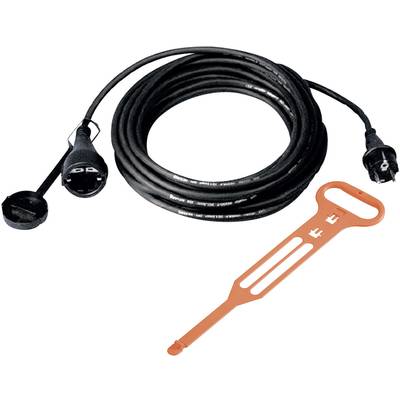 Černý prodlužovací kabel se dvěma zástrčkami a oranžovým organizérem kabelů pro pořádné uskladnění.