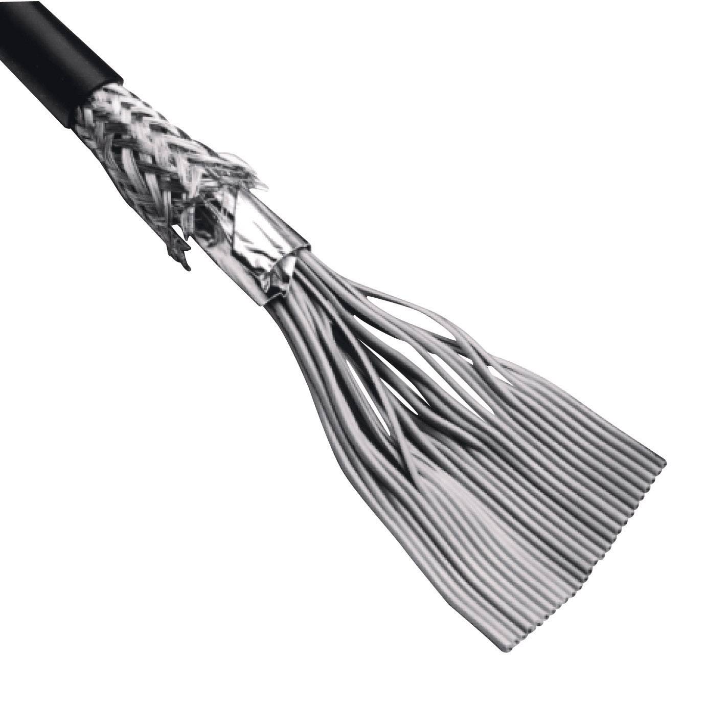 Rozříznutý kabel ukazuje různé vrstvy svého stínění a vnitřních vodičů.