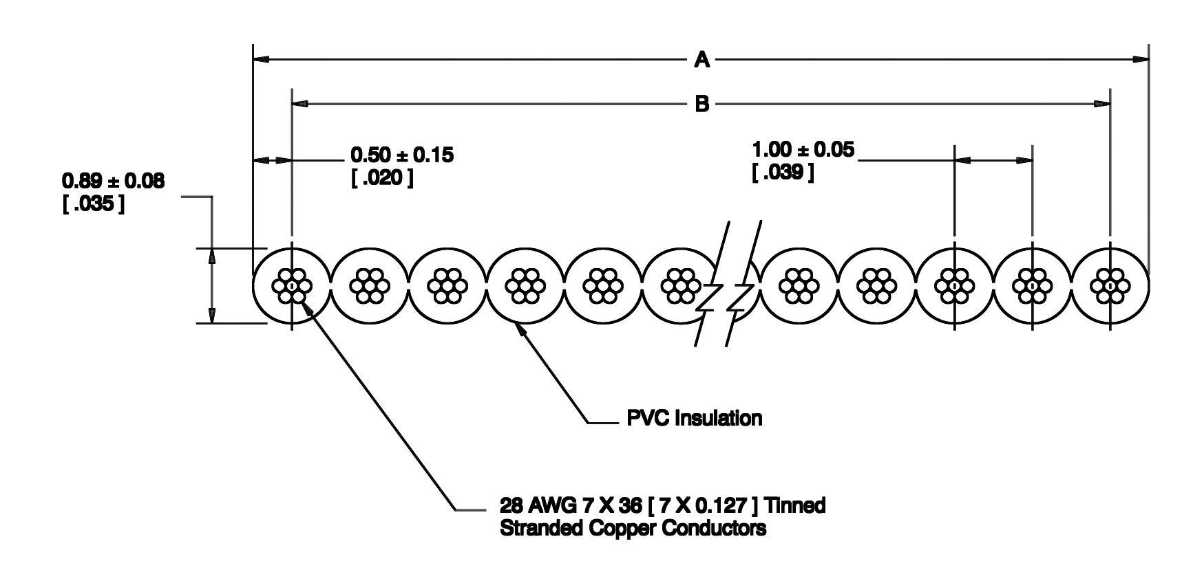 Diagram vícevodičového kabelu s PVC izolací. Rozměry: 0,88 ± 0,08, 0,50 ± 0,15, 1,00 ± 0,05 palce. 28 AWG pocínované měděné vodiče.