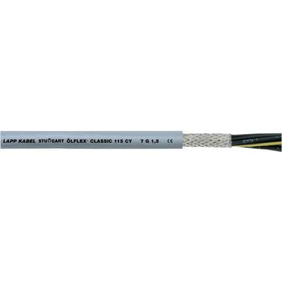 "Šedý kabel s textem LAPP KABEL, STUTTGART, ÖLFLEX CLASSIC 110 CY, 7 G 1,5, CE" s rozvětvenými, vícebarevnými vodiči na konci.