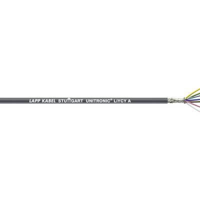 Černý datový kabel s nápisem 'LAPP KABEL STUTTGART UNITRONIC® LIYCY A', zobrazující odizolované barevné vodiče.