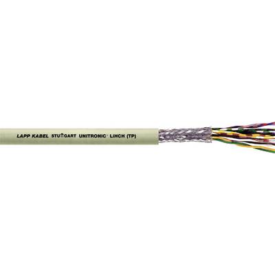 Elektrický kabel s nápisem 'LAPP KABEL STUTTGART UNITRONIC LiNCH (TP)', v příčném řezu viditelný s několika barevnými vodiči.