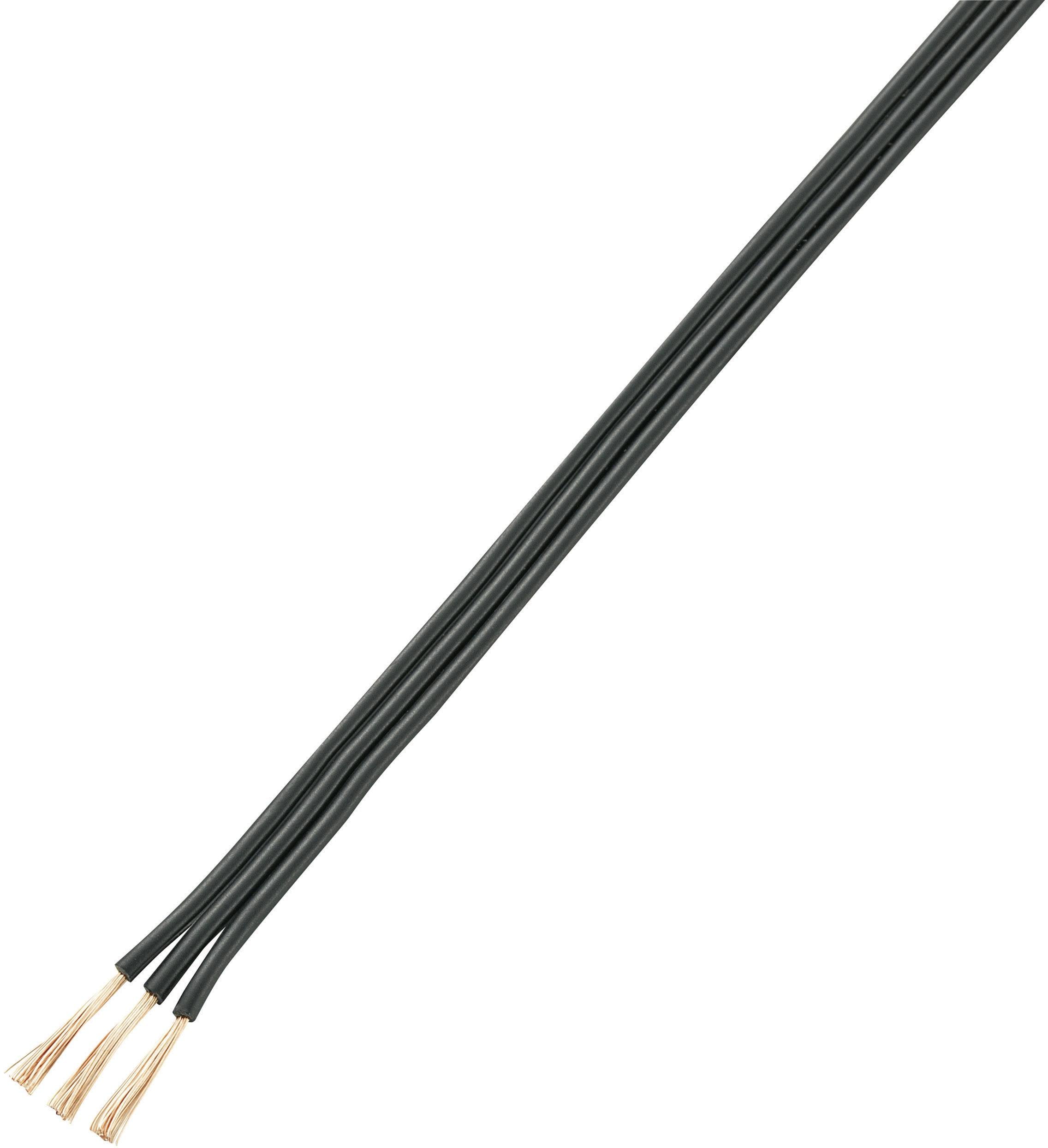 Černý dvoužilový elektrický kabel s odizolovanými konci, který odhaluje měděné vodiče.