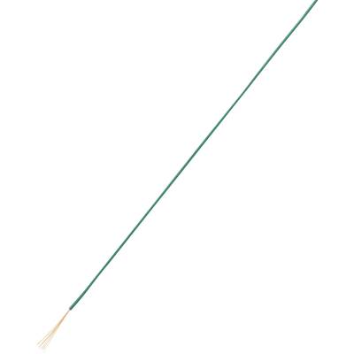 Jeden tenký zelený elektrický kabel s odkrytými měděnými konci leží diagonálně na bílém pozadí.