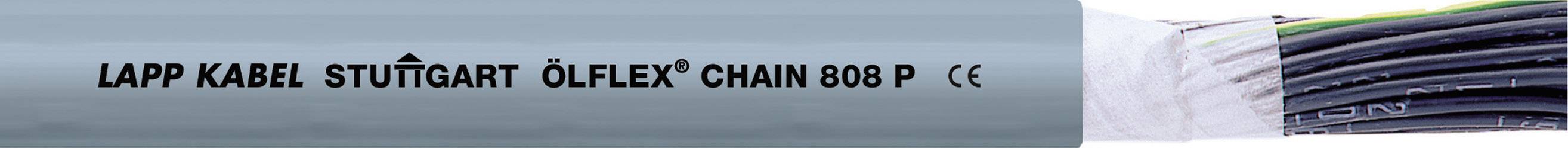 Šedý kabel s nápisem 'LAPP KABEL STUTTGART ÖLFLEX CHAIN 808 P CE' s několika barevnými vodiči viditelnými na konci.