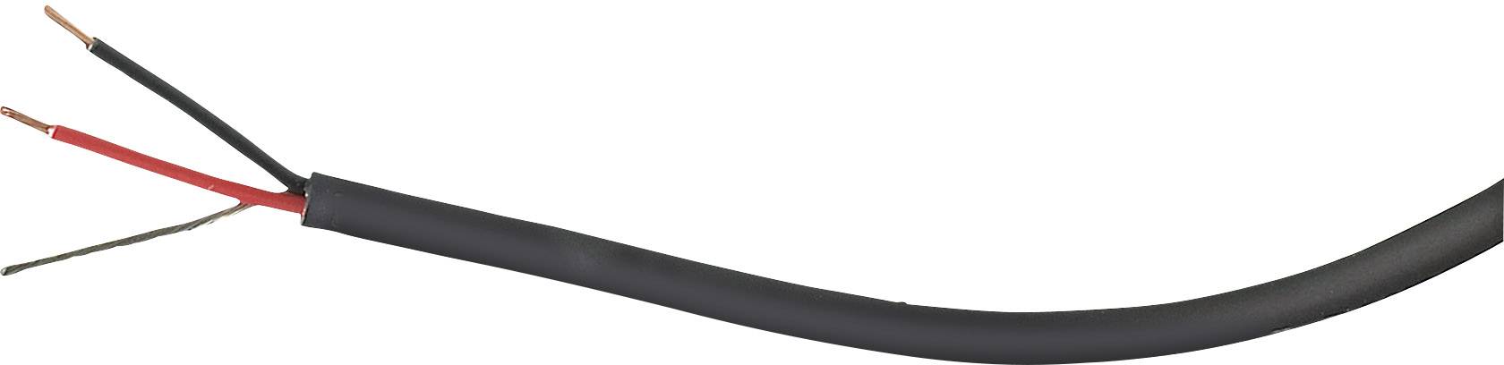Černý audio kabel se třemi vystavenými vodiči: červeným, černým a stříbrným. Ideální pro propojení reproduktorů a zesilovačů.