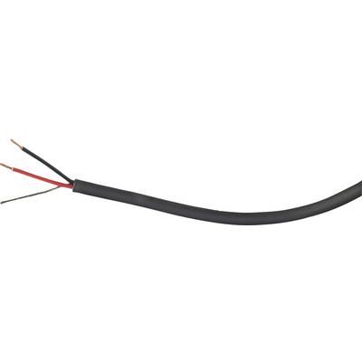 Černý audio kabel se třemi vystavenými vodiči: červeným, černým a stříbrným. Ideální pro propojení reproduktorů a zesilovačů.