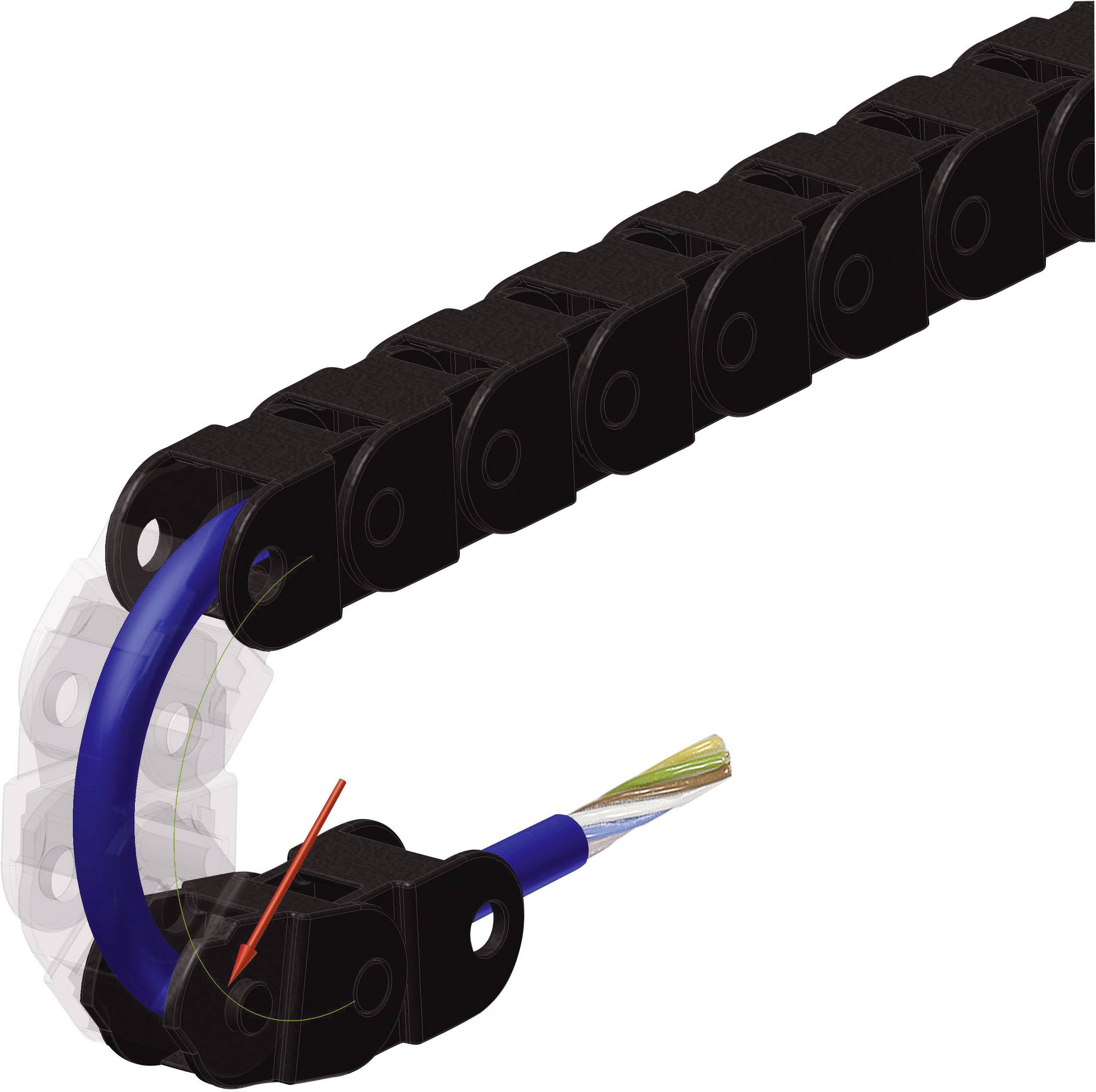 Černý kabelový chránič vede modrý kabel s barevnými vodiči. Šipka ukazuje na ohyb ochrany, aby demonstrovala flexibilitu.