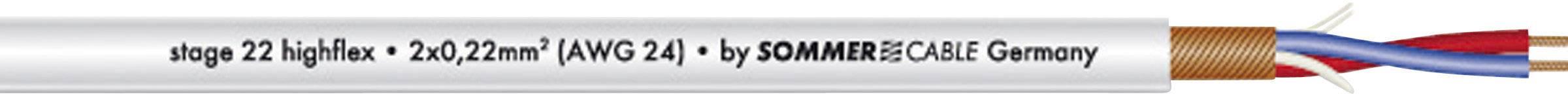 Kabel s nápisem 'stage 22 highflex 2 x 0,22 mm² AWG24 od SOMMER CABLE Germany' zobrazuje specifikace a výrobce.