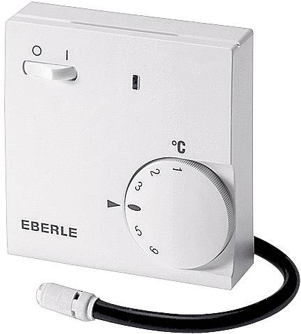 Bílý termostat s otočným knoflíkem pro nastavení teploty, displej pro zobrazení stavu zapnuto/vypnuto, název výrobce 'EBERLE' vpravo dole.