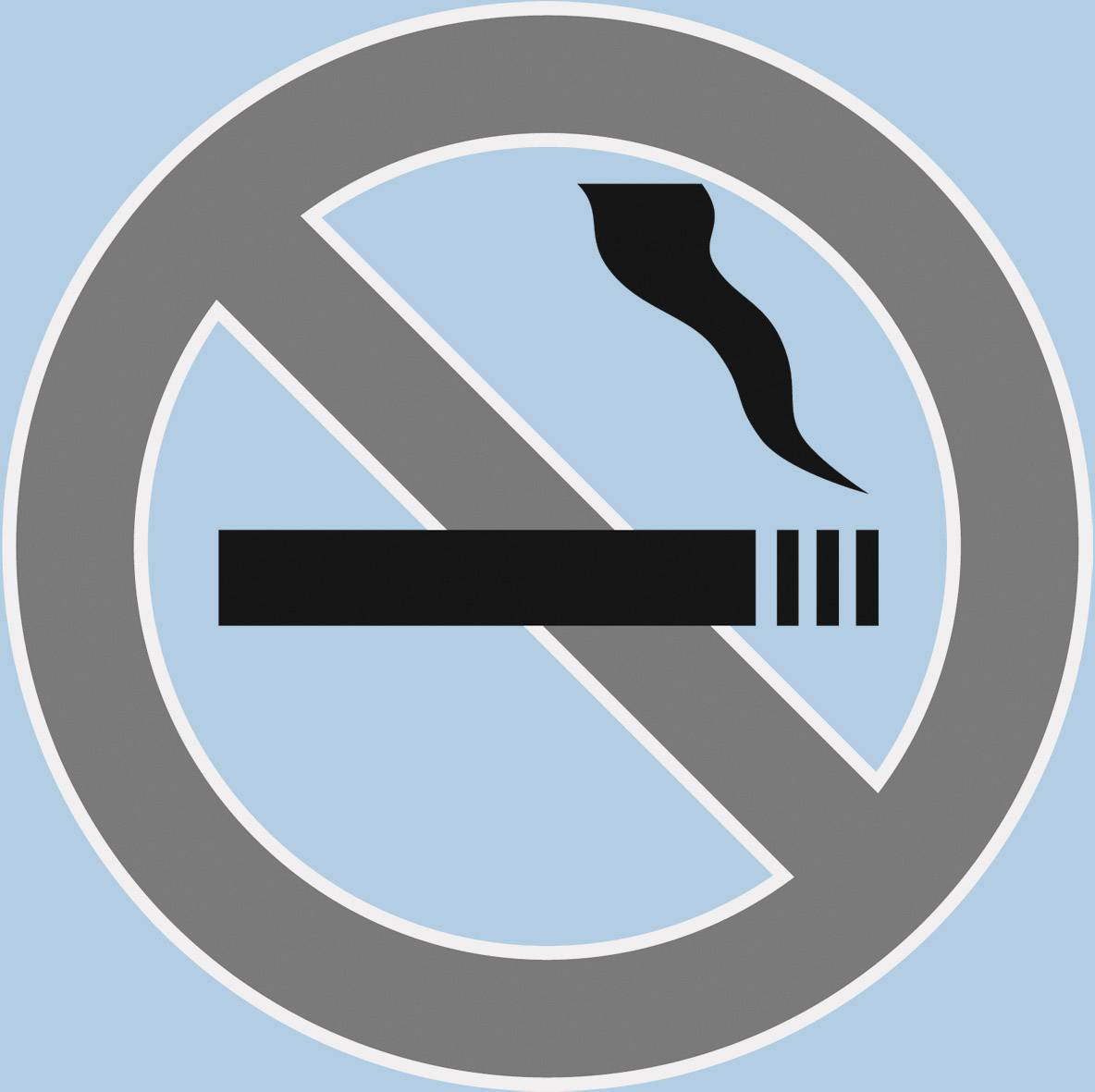 Symbol zákazu kouření: Přeškrtnutá cigareta na modrém pozadí.