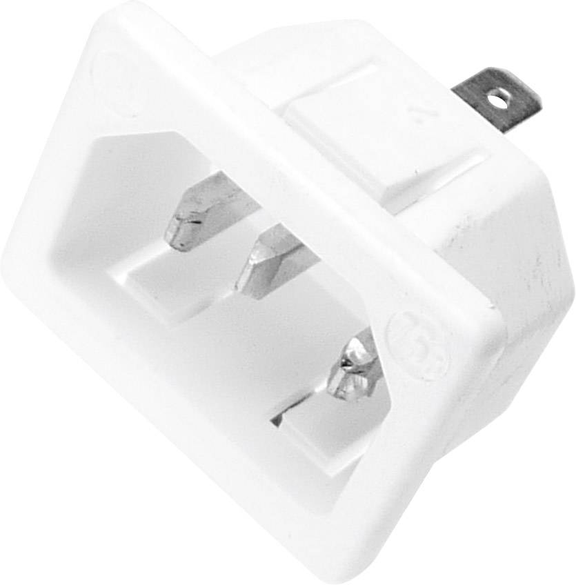 Bílá elektrická adaptérová zástrčka se dvěma kovovými kolíky a obdélníkovým tělem, zobrazená na neutrálním pozadí.