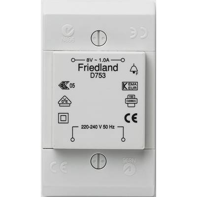 Zvonek transformátor 'Friedland D753'. Nápis: '8V ~ 1,0A', certifikace a specifikace uvedeny, včetně označení 'CE'.