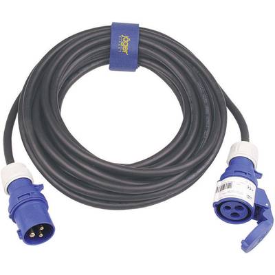 Prodlužovací kabel vysokého napětí s modrými CEE zástrčkami, namotaný. Vhodný pro venkovní použití a průmyslové aplikace.