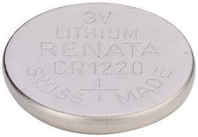 Kulatá stříbrná lithiová baterie s nápisem '3V lithium Renata CR1220 Swiss Made'.