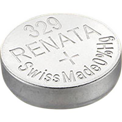 Stříbrná knoflíková baterie s gravírováním 'RENATA 329' a 'Swiss Made'.