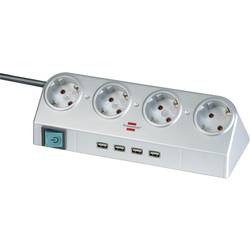 Zásuvková lišta se spínačem Brennenstuhl, 4 zásuvky, USB hub, stříbrná