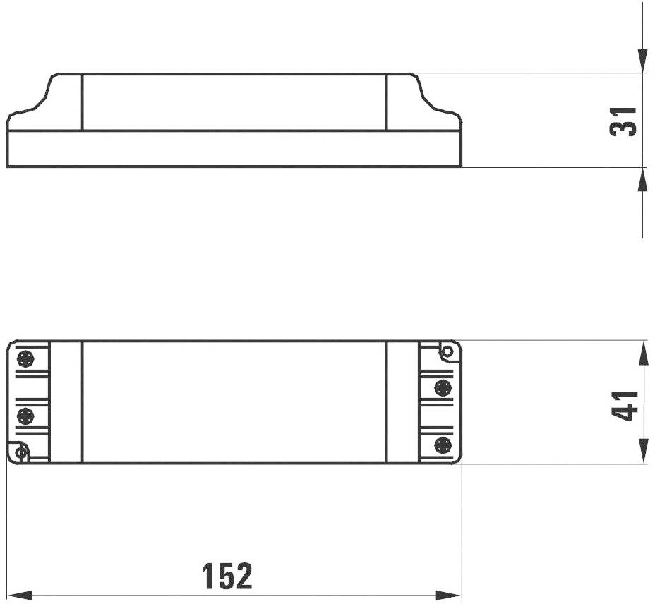 Technický výkres obdélníkového dílu s rozměry: délka 152 mm, výška 31 mm, šířka 41 mm. Šroubové otvory v rozích.