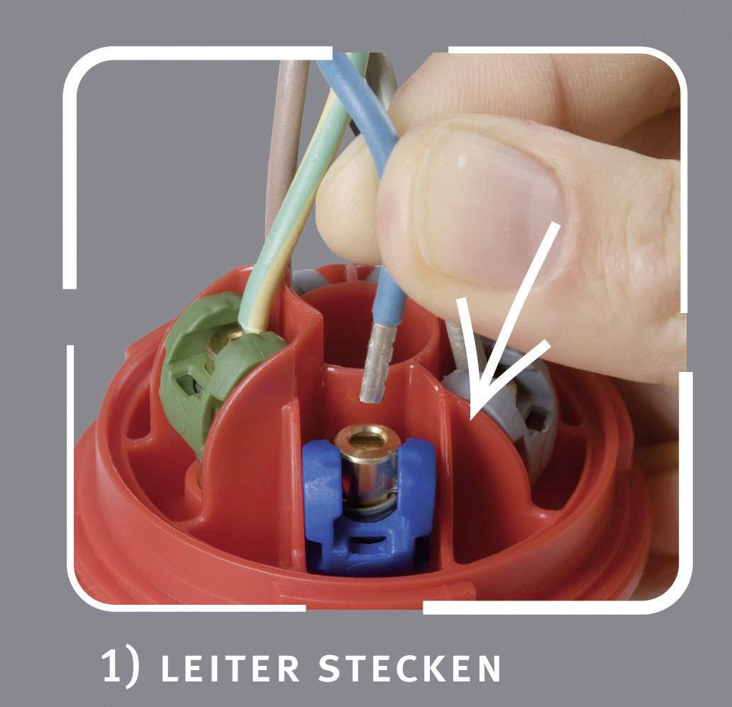 Ruka zasunuje drát do červené elektrické zásuvky, obklopené barevnými kabely. Text: '1) ZASUŇTE VODIČ'.