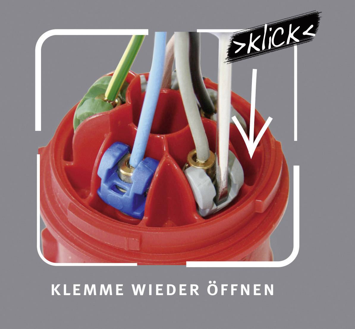 Červený připojovací blok s několika kabely. Bílý šipka a text 'klik' ukazuje na svorku. Dole je napsáno 'Uvolnit svorku'.