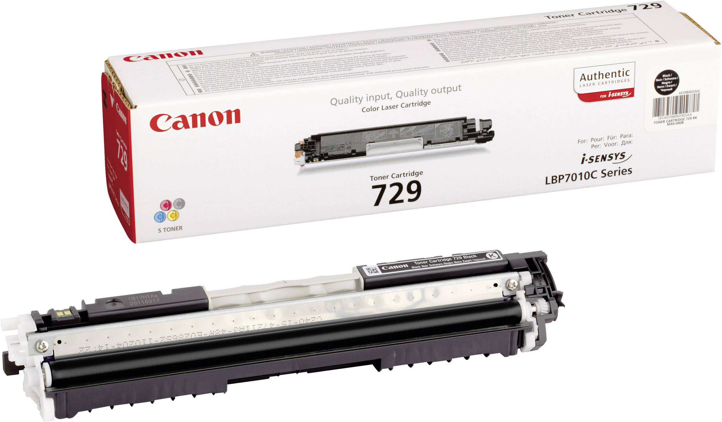 Kartonová krabice a tonerová kazeta Canon, model 729, vhodné pro sérii tiskáren i-Sensys LBP7010C, v černobílém provedení.