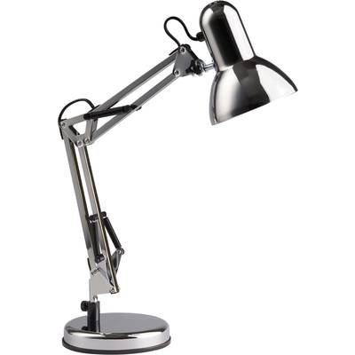 Stříbrná stolní lampa s nastavitelným ramenem, která působí moderně a funkčně. Ideální pro osvětlení pracovního prostoru.
