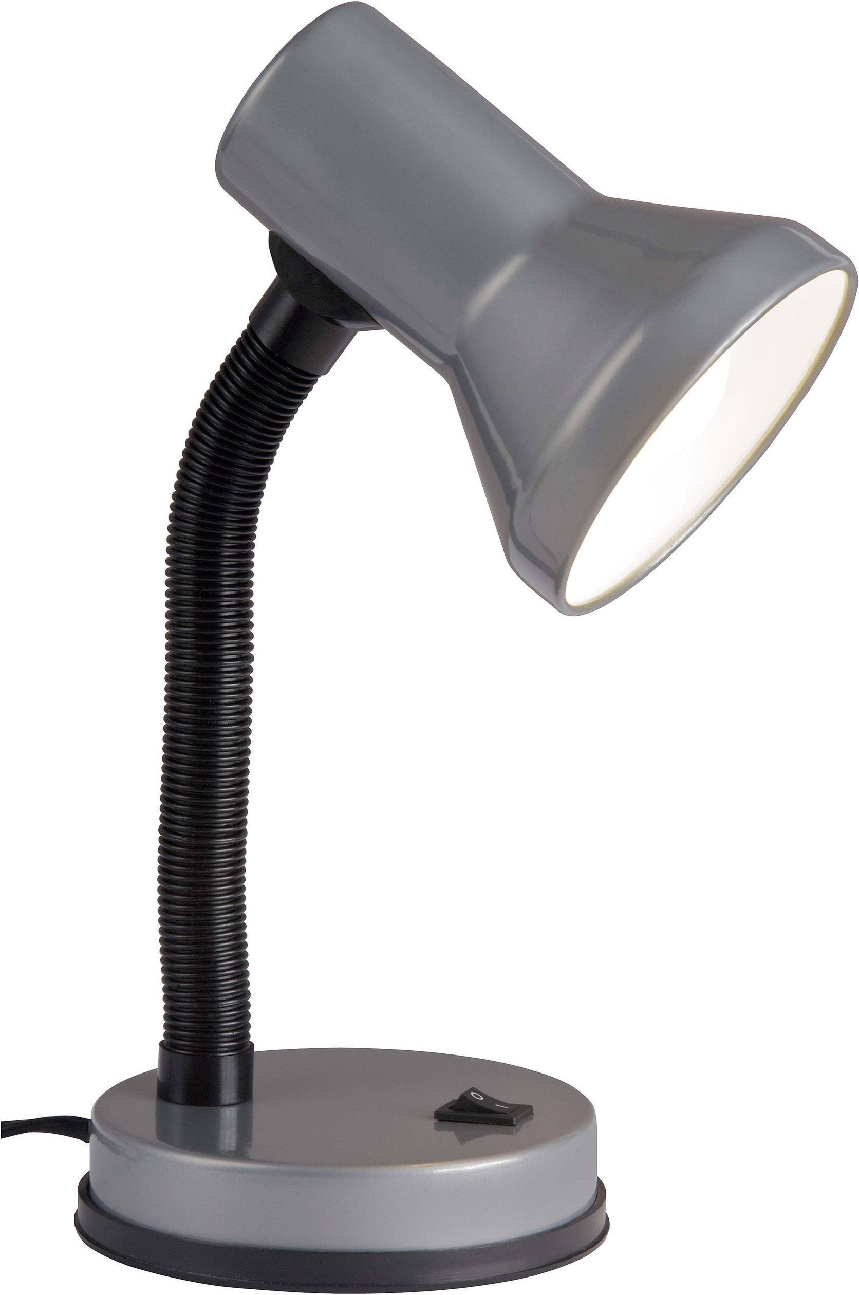 Šedá stolní lampa s ohebným krkem, která je natočená doprava. Lampa je zapnutá a jasně svítí.