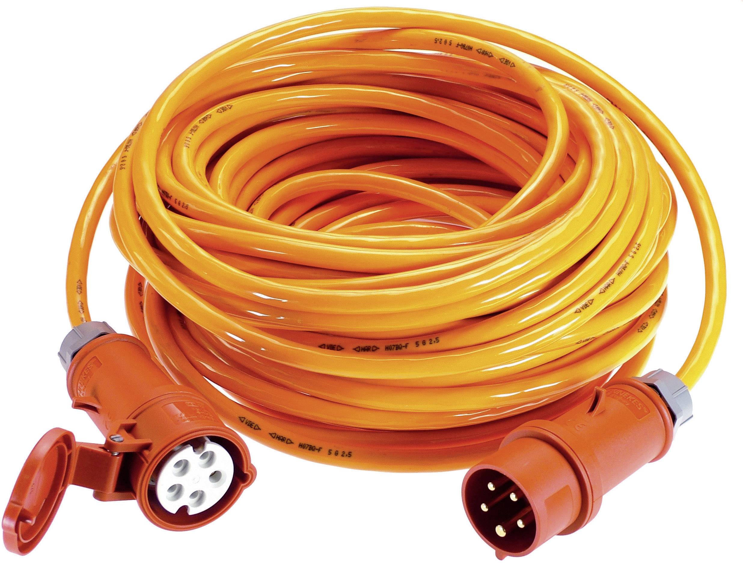Oranžový prodlužovací kabel se dvěma zástrčkami, jedna s ochranným krytem. Vhodný pro venkovní použití nebo staveniště.