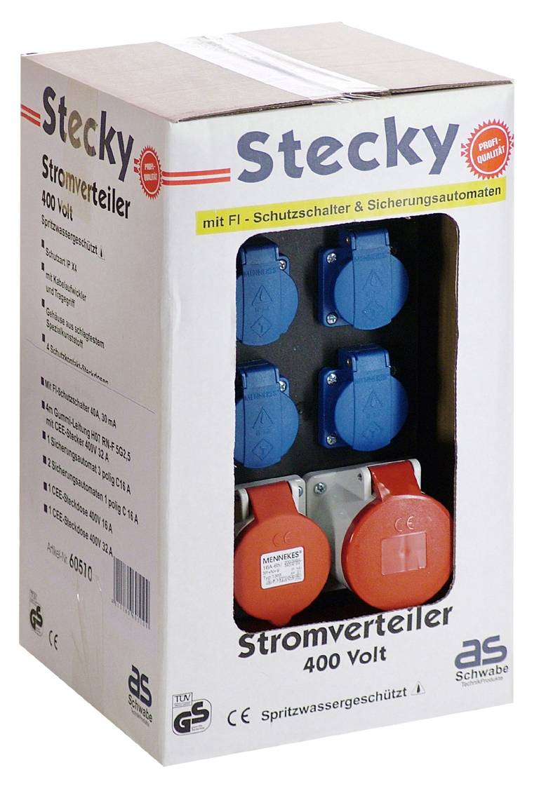 Rozvaděč 'Stecky' s modrými a červenými zásuvkami, vhodný pro 400 voltů, s proudovým chráničem. Balení je chráněno proti stříkající vodě.