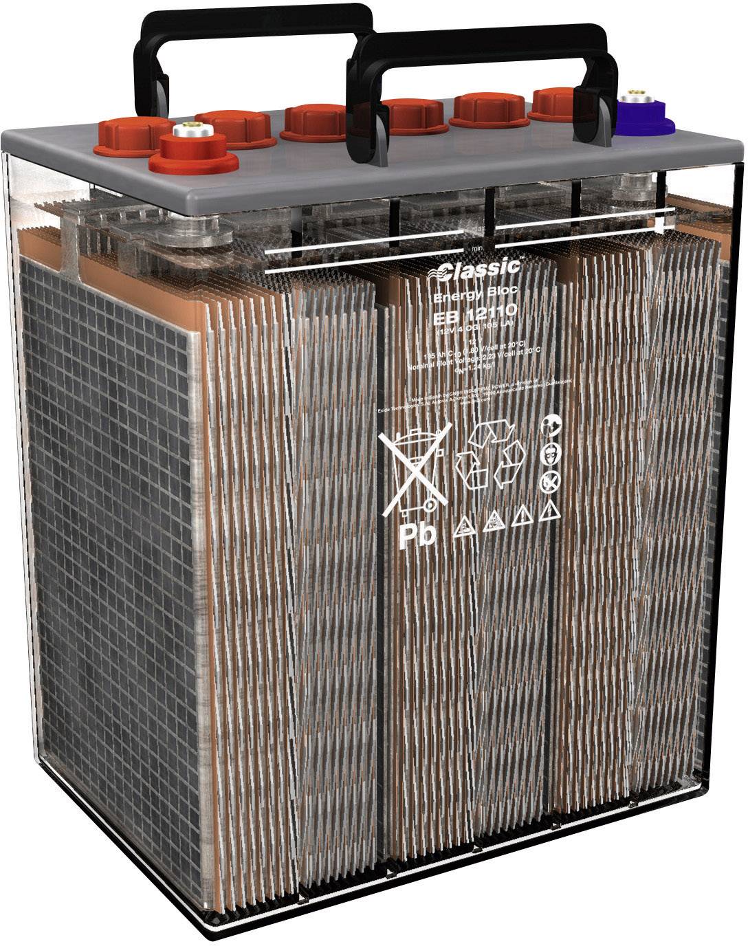 Autobaterie s viditelnými deskami a svorkami. Na přední straně jsou viditelné bezpečnostní symboly a označení pro recyklaci.