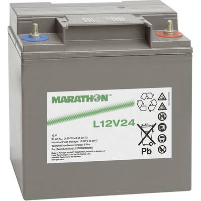 Šedá autobaterie s modrými a červenými póly. Etiketa zobrazuje značku 'Marathon' a model 'L12V24'. Symboly pro recyklaci a elektrické nebezpečí.